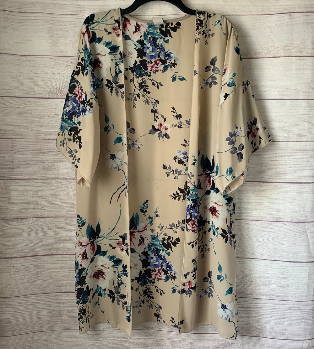 I Joah Premium Long Beige Floral Kimono Cardigan Swimsuit Cover Up Size S
